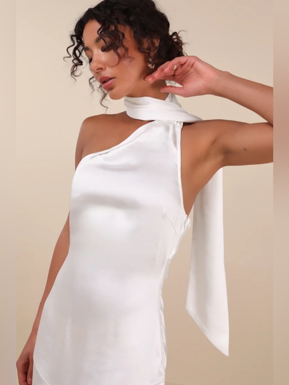 Lulus Reglan White Satin One-Shoulder Sash Midi Dress - Picture 4 of 10